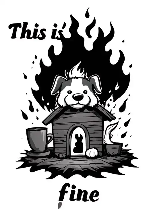 "This is fine" meme with the cartoon dog in a house on fire and a cup. inside a border like it is a famous painting tattoo design idea