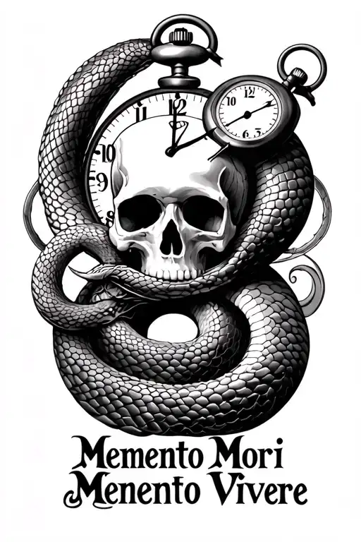 "Memento Mori Memento Vivere" "Memento Mori Memento Vivere" "Memento Mori Memento Vivere" sea snake eating its own tail in an infinity symbol, pocket watch, skull, ocean waves tattoo design idea