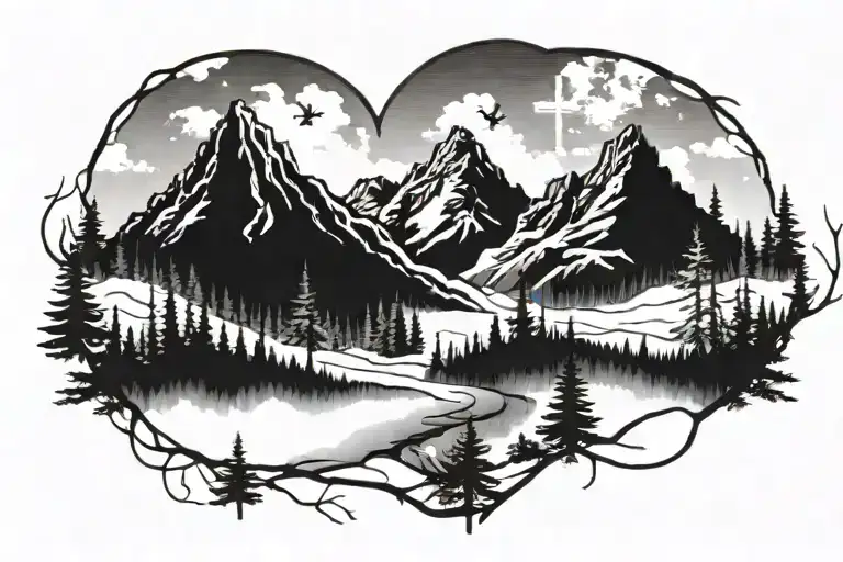 mountain range silhouette with a  cross on top and some snow and trees on the mountain incorporating within a heartbeat tattoo design idea