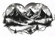 mountain range silhouette with a  cross on top and some snow and trees on the mountain incorporating within a heartbeat tattoo design idea