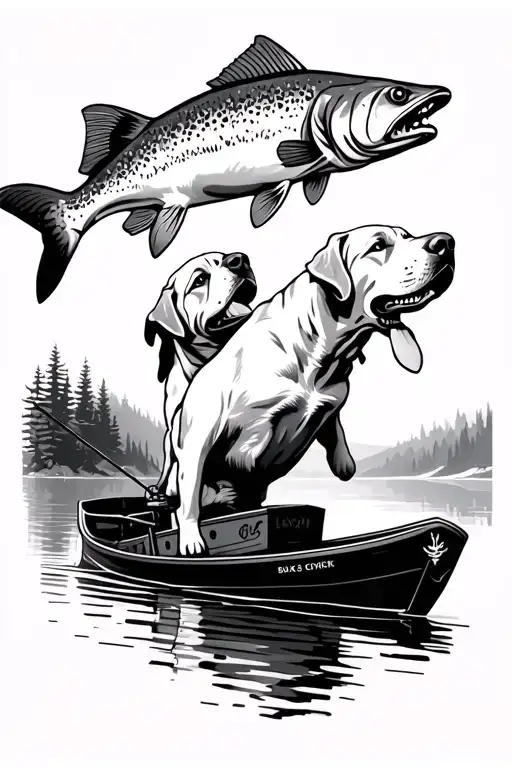 lake, fishing boat, labrador, trout jumping tattoo design idea