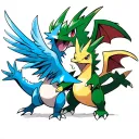 zapdos, articuno, dragonite battling in a storm clouds tattoo design idea