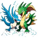zapdos, articuno, dragonite battling in a storm clouds tattoo design idea