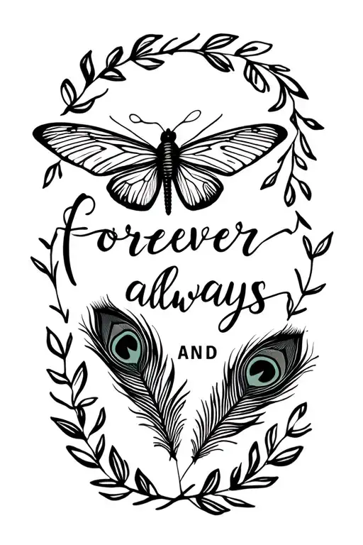 butter fly with two small peacock feathers and with words saying forever and always tattoo design idea