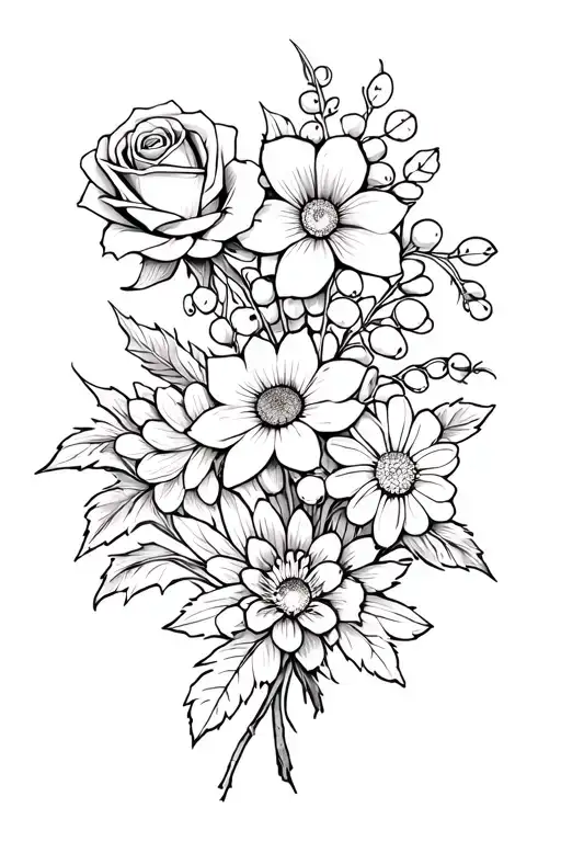 A flower bouquet including 8 flowers: a rose, a water lily, 3 lilies of the valley, a daisy, a daffodil, and a holly tattoo design idea