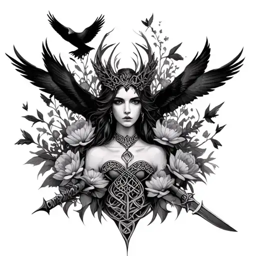 an image of the Celtic Goddess, the Morrigan. Surrounded by her associated flowers, weapons and multiple flying crows.  tattoo design idea
