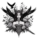 an image of the Celtic Goddess, the Morrigan. Surrounded by her associated flowers, weapons and multiple flying crows.  tattoo design idea