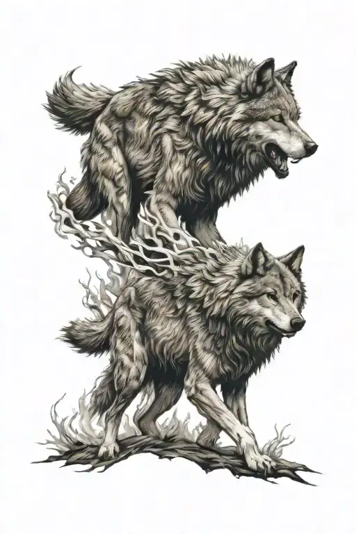 rolling burning hills with 1 growling older wolf carrying a younger injured wolf from the flames tattoo design idea