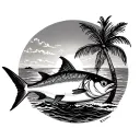Tuna Fish, Sunset, Island and Coconut tree tattoo design idea