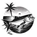 Tuna Fish, Sunset, Island and Coconut tree tattoo design idea
