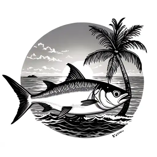 Tuna Fish, Sunset, Island and Coconut tree tattoo design idea