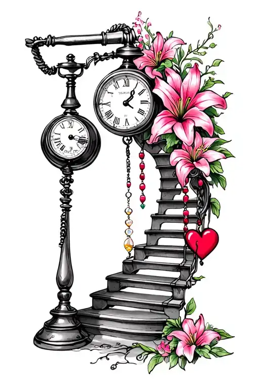 "forever and forever" old phone, staircase, pocket watch, heart, pink and lilies rosary tattoo design idea