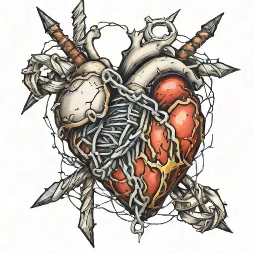 a heart broken and stitched together with barbed wire tattoo design idea