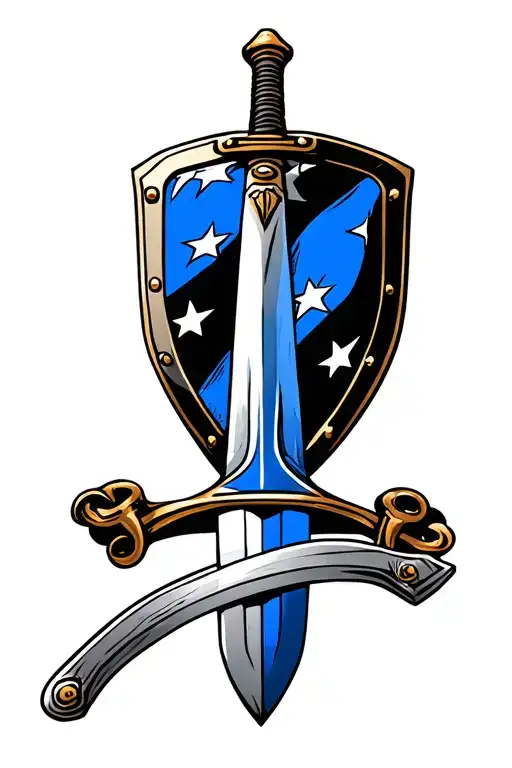 Sword, Shield and thin blue line flag inside representing tattoo design idea