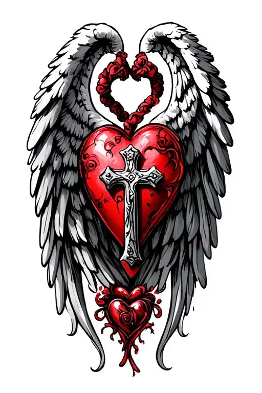angel wings heart and cross tattoo design idea