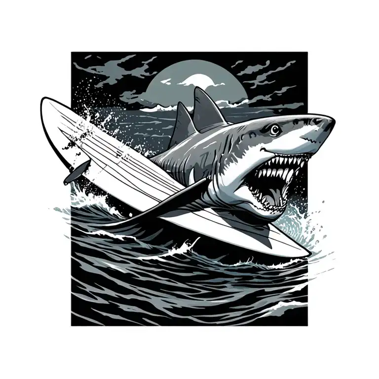 shark attacking a surf board tattoo design idea