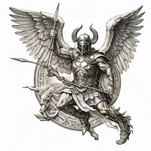 Warrior with Roman helmet and angel wings killing demon with horns and goat's leg in a Roman temple with beams tattoo design idea