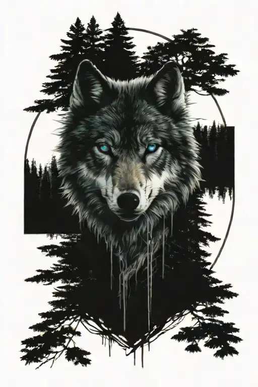 wolf blue eyes forest tattoo design idea