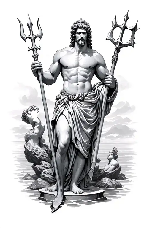 Poseidon holding a trident with a statue  tattoo design idea