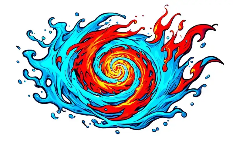 Spiral tattoo around upper thigh of fire and water clashing, red and blue energy, powerful and destructive harmony.  tattoo design idea