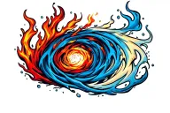 Spiral tattoo around upper thigh of fire and water clashing, red and blue energy, powerful and destructive harmony.  tattoo design idea