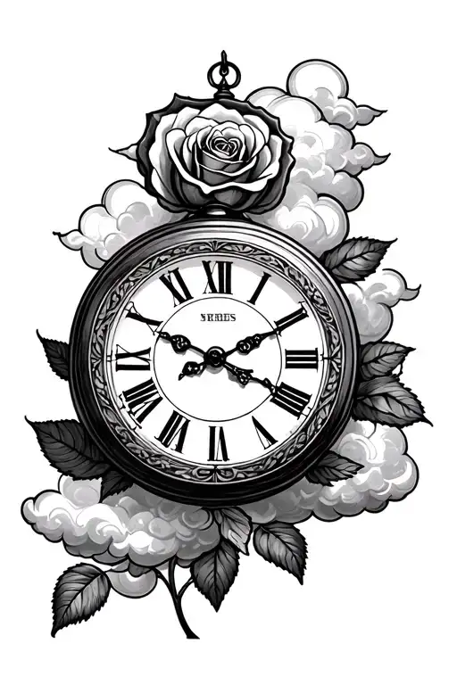 clock surrounded by clouds and a rose tattoo design idea