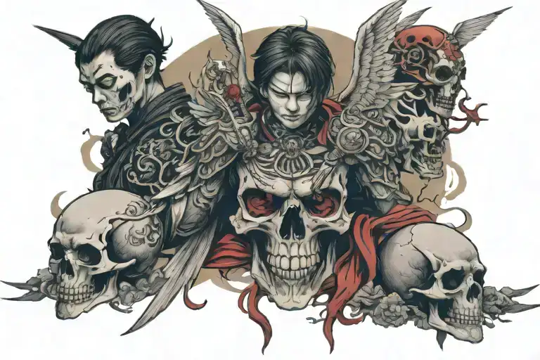 angel warden and 3 skull below, dark and intense tattoo design idea