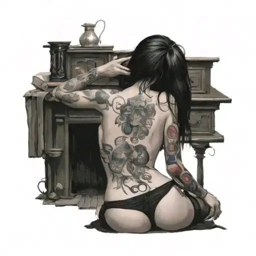 short,bend over,slim thick goth girl,emo, nude,sexy,lingerie,introverted,arched back,long black hair,naked,black tattoo design idea