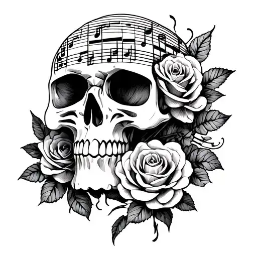 A skull composed of musical notes intertwined with roses tattoo design idea
