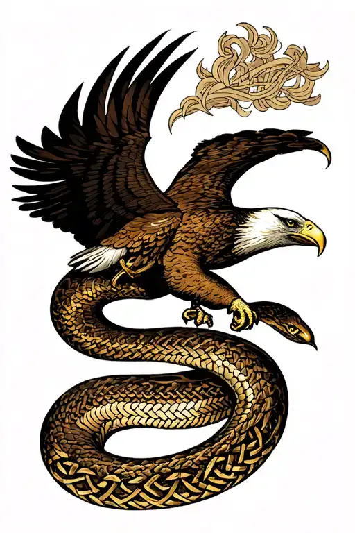 american tradtional style ixed with celtic style tattoo, it depicts an eagle fighting a snake, incorperating tradtional  tattoo design idea