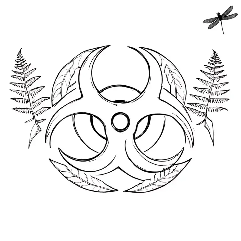 Biohazard symbol in solid black 3”x3” on middle of chest. 2 fern leaves surrounding the symbol with a dragonfly landing  tattoo design idea