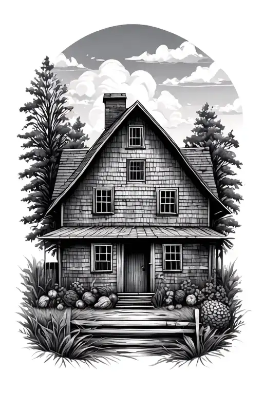 farmhouse with farm elements scattered throughout tattoo design idea
