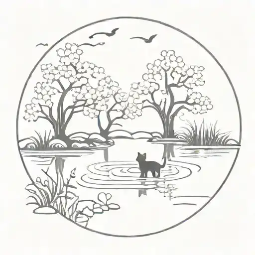 pond with a cherry blossom tree and cat reaching into water to catch fish  tattoo design idea
