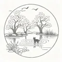 pond with a cherry blossom tree and cat reaching into water to catch fish  tattoo design idea