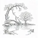 pond with a cherry blossom tree and cat reaching into water to catch fish  tattoo design idea