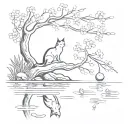 pond with a cherry blossom tree and cat reaching into water to catch fish  tattoo design idea