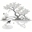 pond with a cherry blossom tree and cat reaching into water to catch fish  tattoo design idea