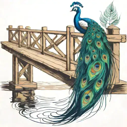 wooden bridge with peacock feather intertwined tattoo design idea