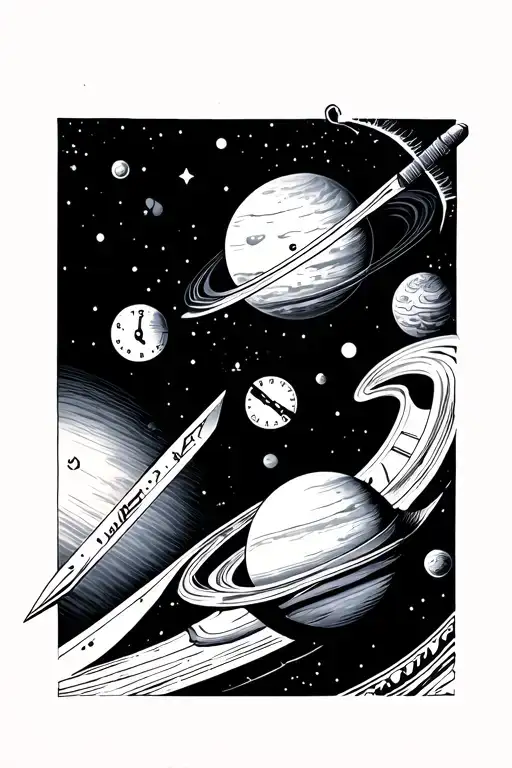 black start space, planets, time clock, sword tattoo design idea