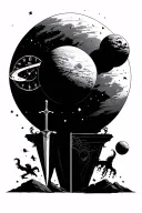 black start space, planets, time clock, sword tattoo design idea