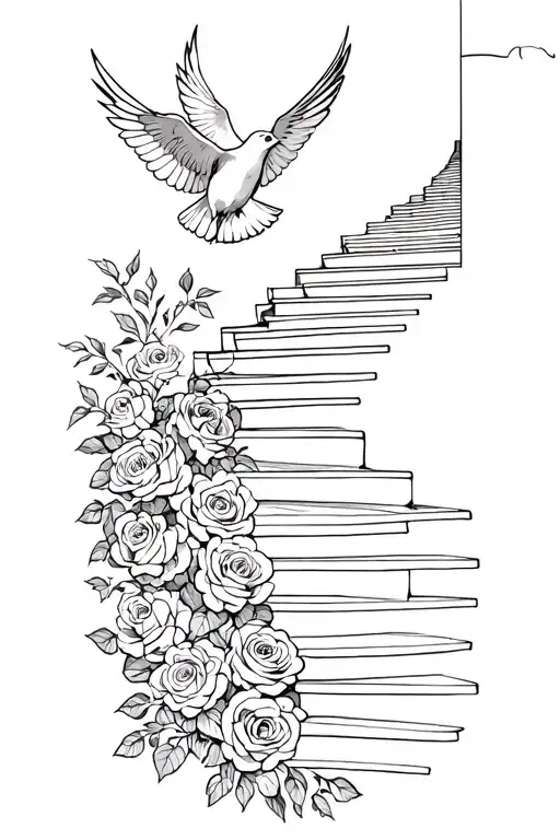 A sketch style tattoo of a stairway to heaven made of English roses, with a dove flying towards the top tattoo design idea
