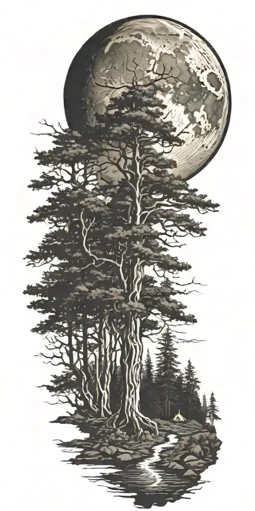 massive forest landscape with huge moon in the background  tattoo design idea