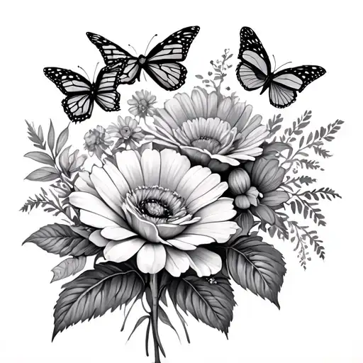 Cosmos, Chrysanthemum, rose, violet, poppy flowers and three monarch butterflies  tattoo design idea