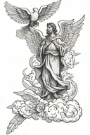 clouds with a dove and an angel praying and saint michael tattoo design idea