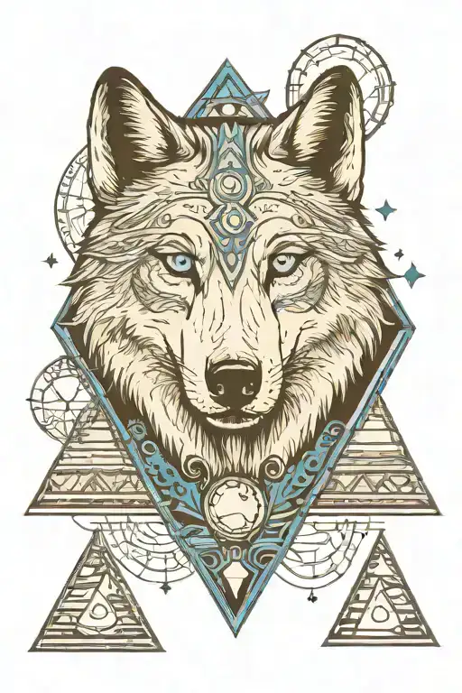 wolf face with blue eyes surrounded  by Egypt moon and pyramids  tattoo design idea