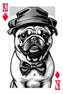 Pug inside a jack card wearing a bow tie and peaky cap smiling tattoo design idea