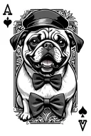 Pug inside a jack card wearing a bow tie and peaky cap smiling tattoo design idea
