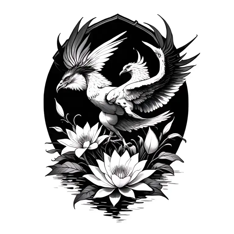 phoenix rising with water lily and calla lily flowers tattoo design idea