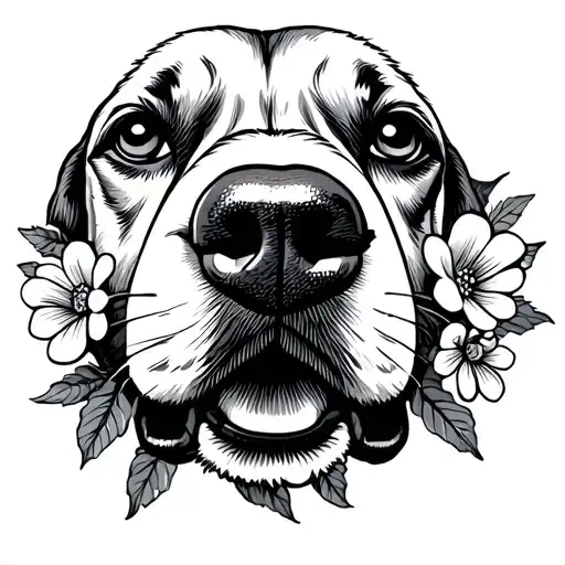 dog nose print with flowers growing tattoo design idea