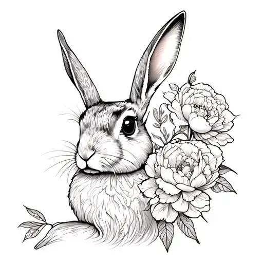 hare of underground without pupils with peonies with a traditional style tattoo design idea